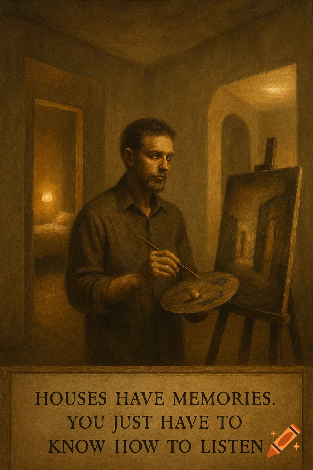A bearded man paints an abstract house on an easel in a dimly lit room, with text about houses having memories.