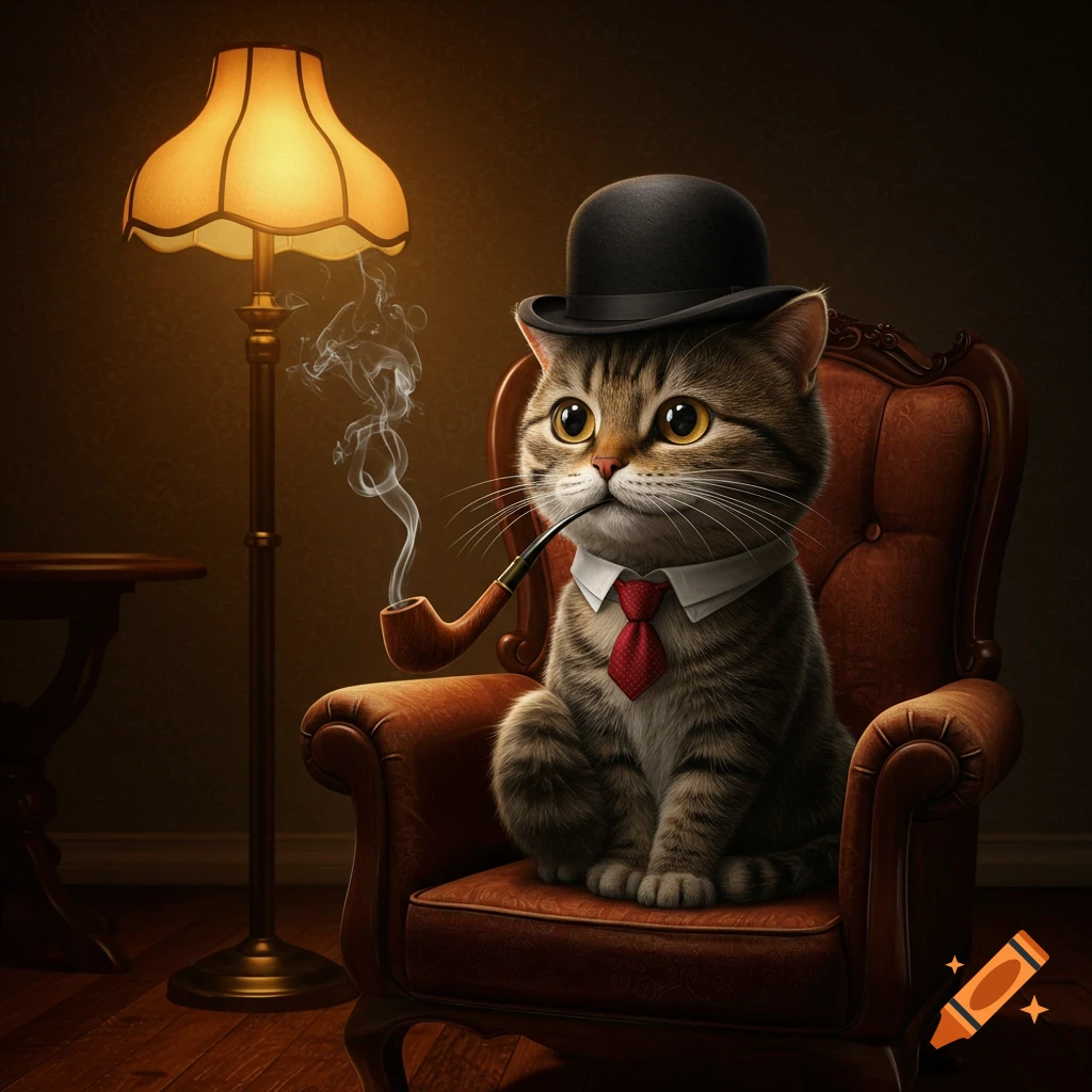 A charming tabby cat in a bowler hat and red tie sits in a leather armchair, smoking a pipe, under a warm lamp light.