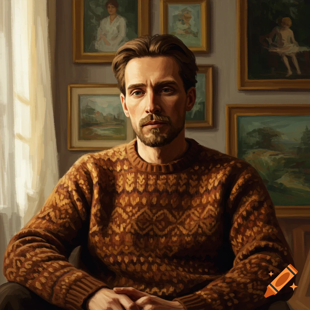 A man with dark hair and a beard, wearing a brown knitted sweater, sits in a painterly portrait surrounded by framed artwork.