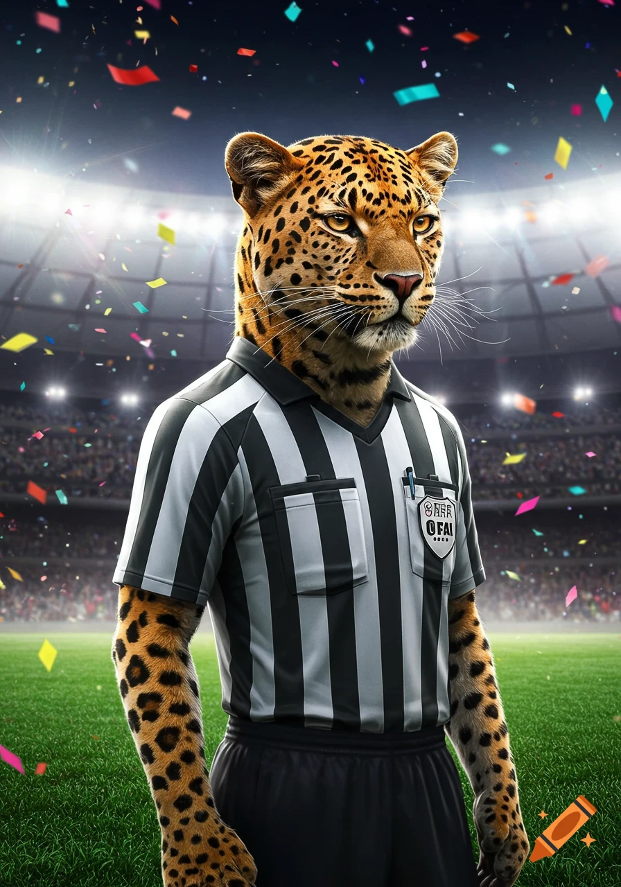 Photorealistic leopard dressed as a soccer referee stands on a vibrant green field in a stadium with confetti falling.