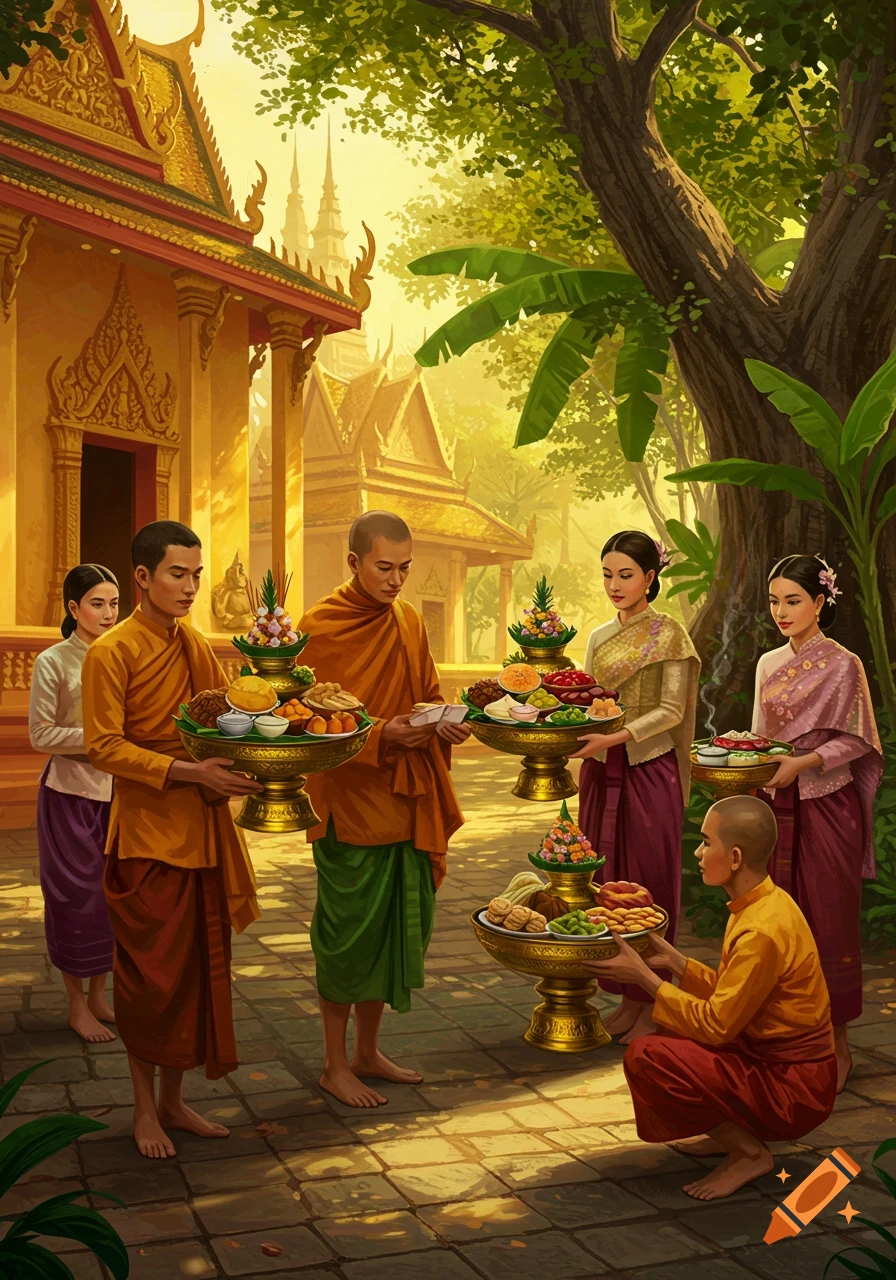 Digital painting of Cambodians in traditional dress offering food to monks outside a golden temple under a large tree.