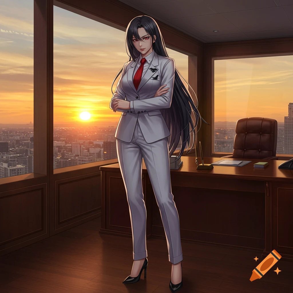 Anime woman in a white suit with a red tie, long black hair, standing in an office overlooking a city sunset.