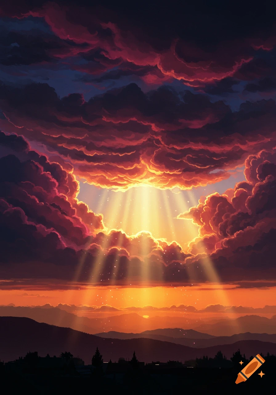 Dramatic sunset with golden light rays breaking through dark, colorful clouds over silhouetted mountains.