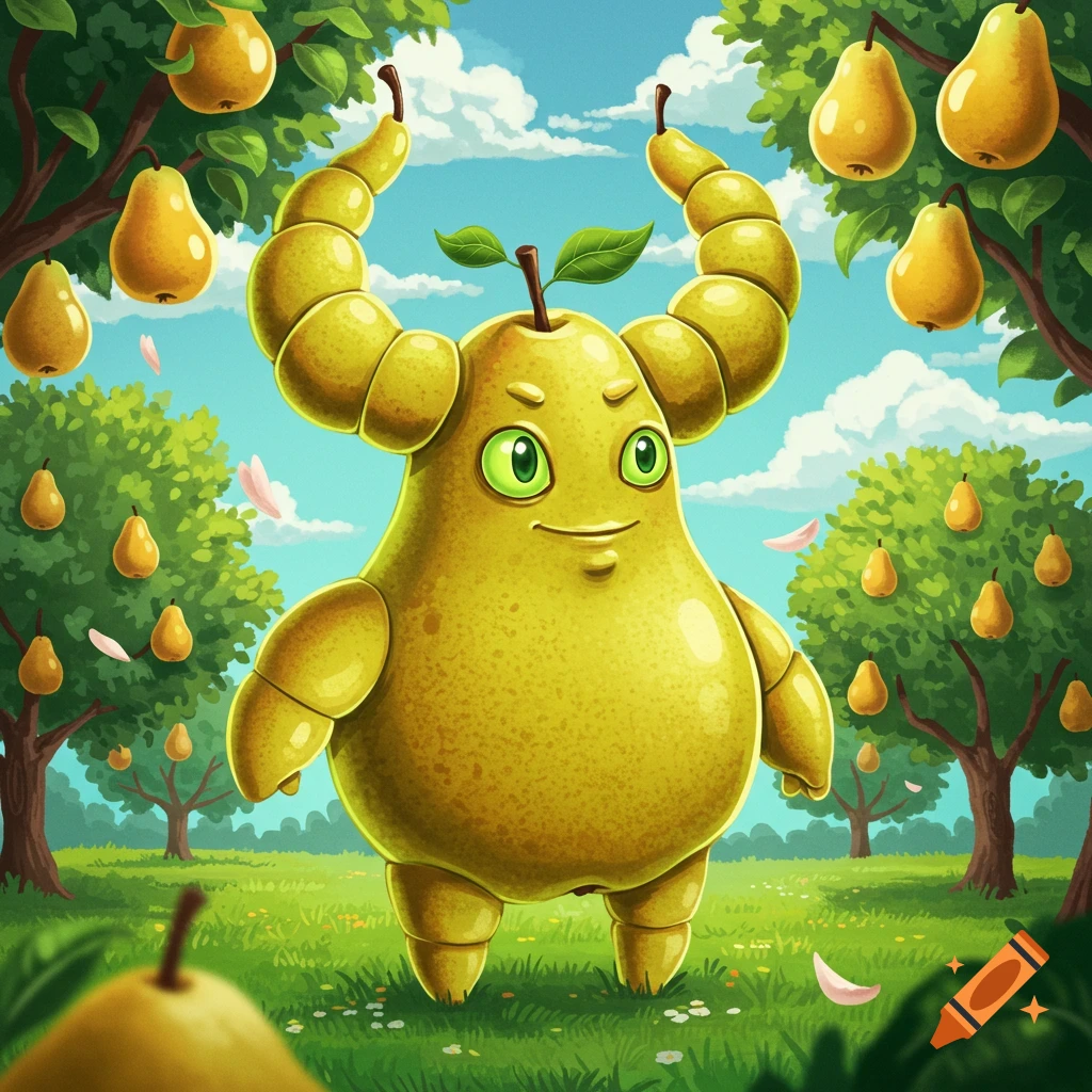 A friendly cartoon pear monster with green eyes and segmented horns stands in a pear orchard under a blue sky.