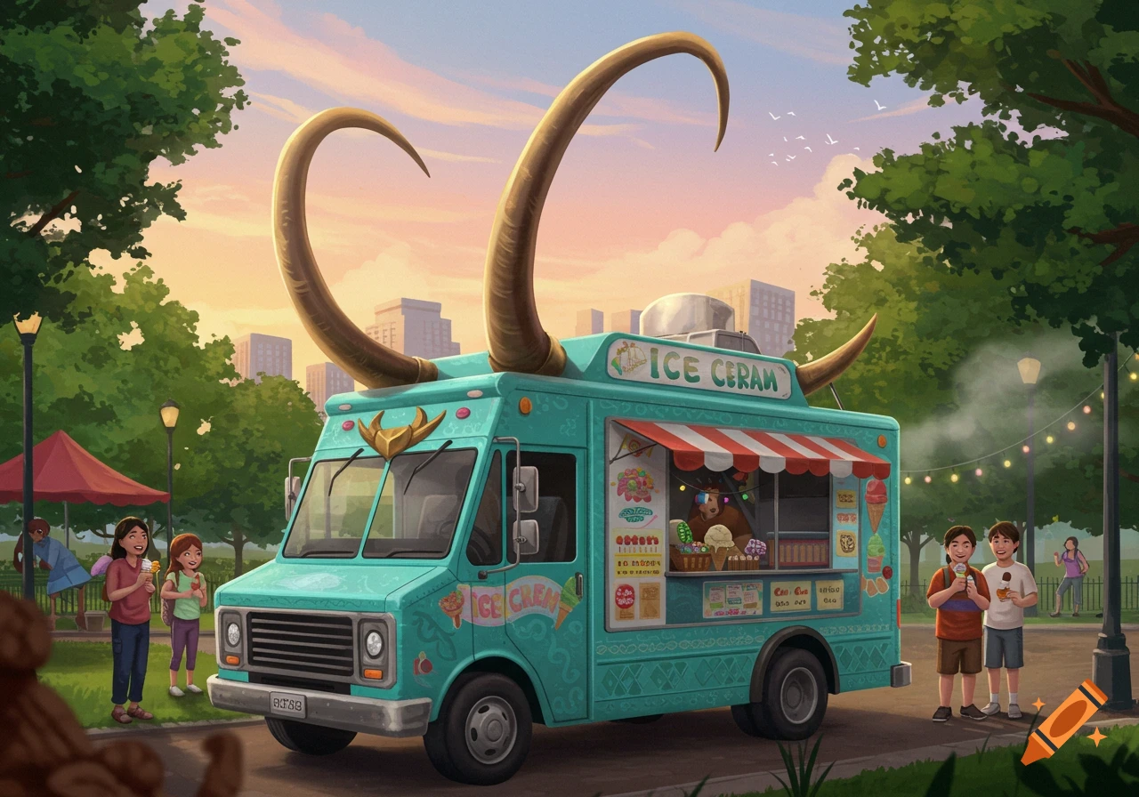 A cartoon turquoise ice cream truck with large golden Loki horns on its roof sells treats to children in a sunny park at sunset.