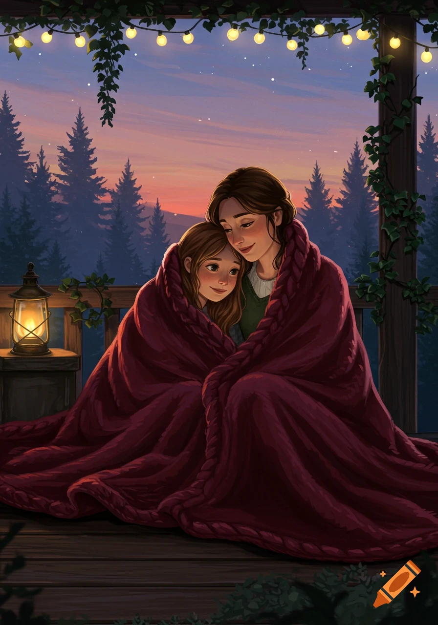 An illustration of a woman and a girl wrapped together in a red blanket on a porch at dusk, with string lights and pine trees in the background.