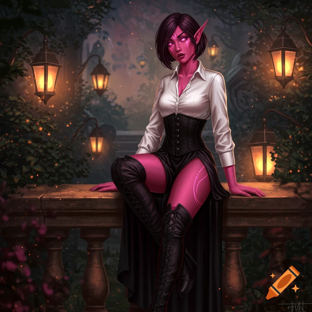 A digital painting of a dark pink-skinned female elf in a white blouse, black corset, and thigh-high boots, sitting in a lantern-lit garden.