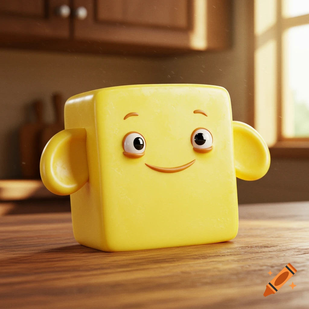 A cute, anthropomorphic yellow block of butter with a smiley face and ears sits on a wooden table in a kitchen.