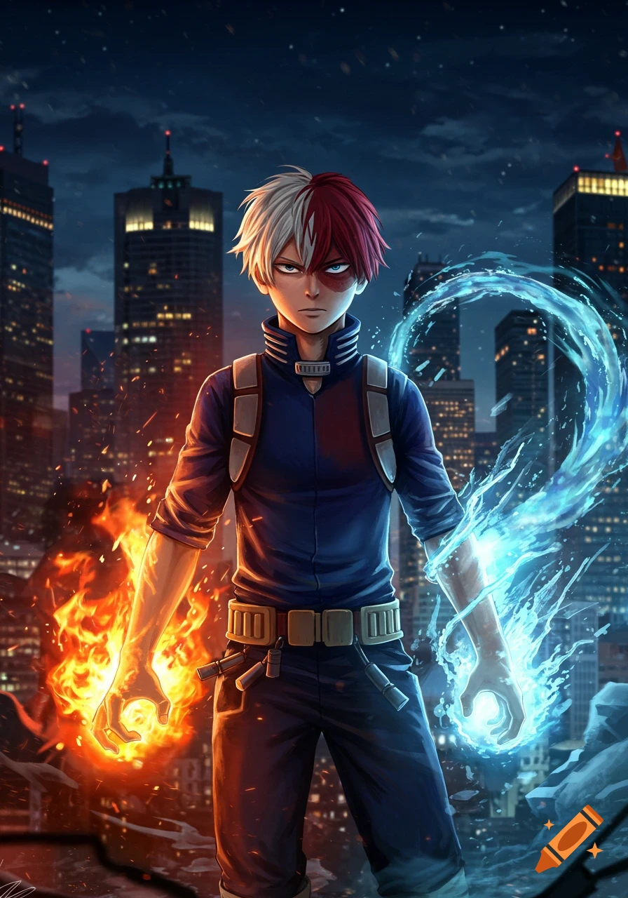 An anime character with half-red, half-white hair stands in a city at night, wielding fire in his right hand and ice in his left.