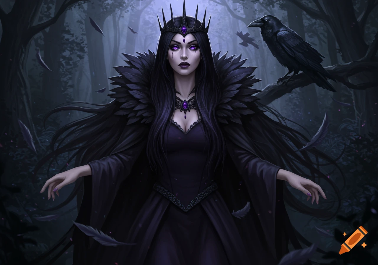 A dark fantasy queen with long black-purple hair, amethyst eyes, a feather cape, and a spiked crown, in a dark forest with a raven.