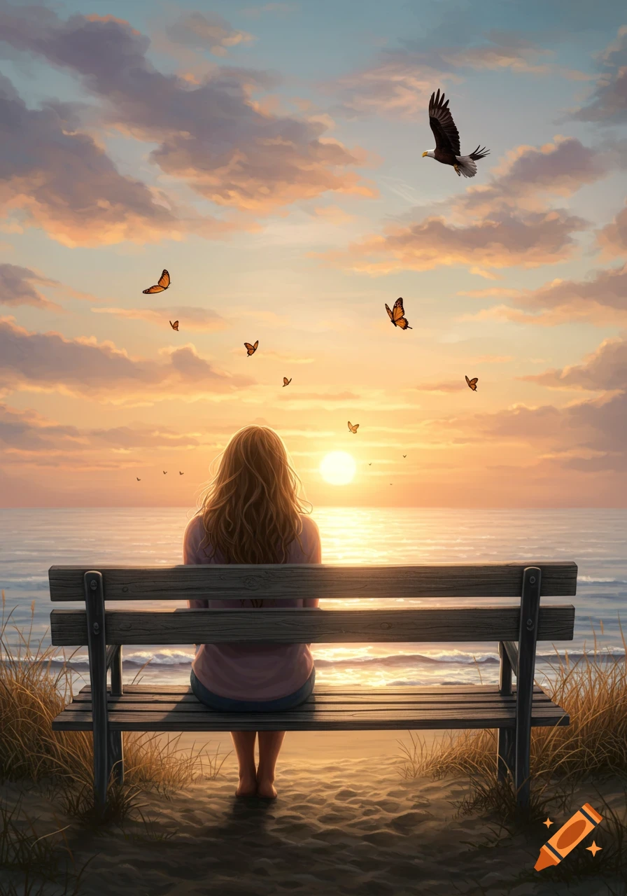 A person with long, light brown hair sits on a beach bench facing a vibrant sunset over the ocean, with an eagle and butterflies in the sky.