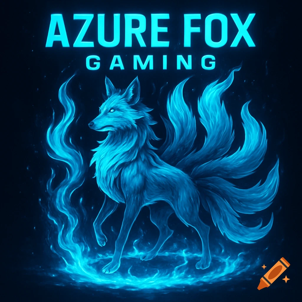 A glowing blue nine-tailed fox stands amidst blue flames with 'AZURE FOX GAMING' text above, in a mystical, stylized art style.