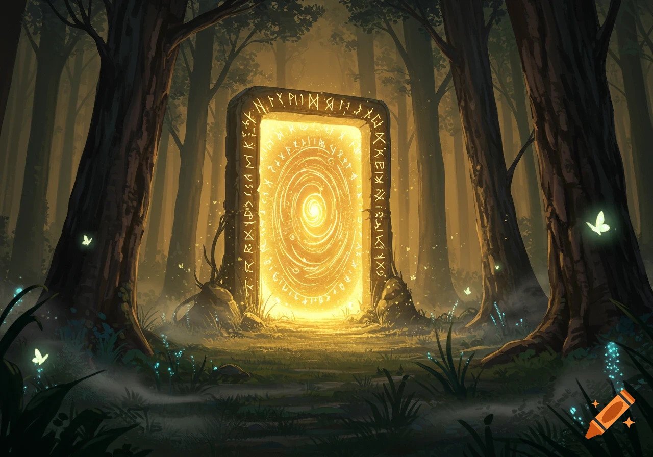 A glowing golden magical portal with intricate runes stands in a dark, mysterious forest with glowing plants and butterflies.