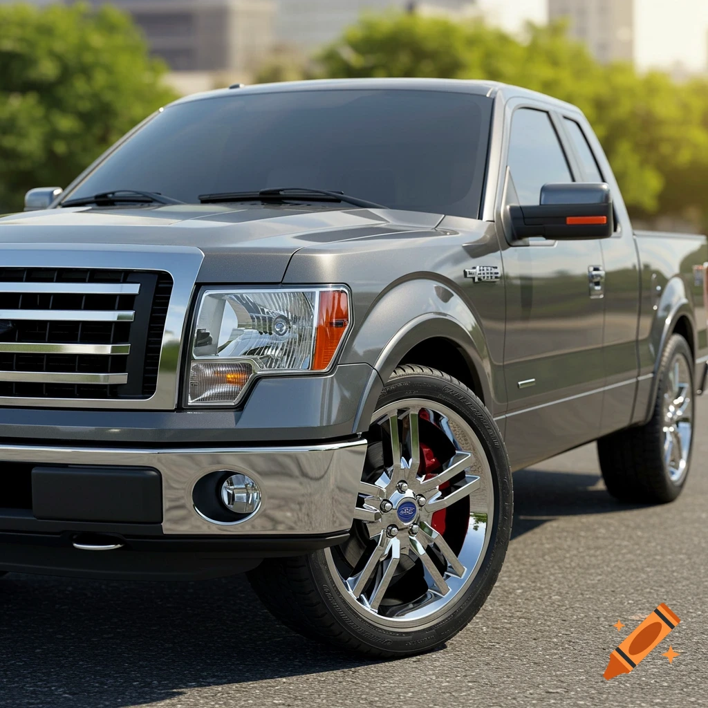 A photorealistic grey Ford F-150 pickup truck with chrome wheels and bumper on a road.