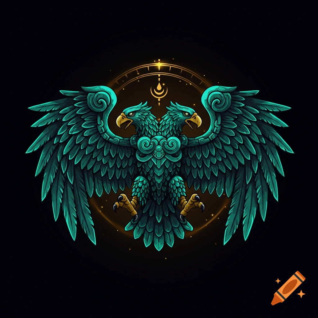 A stylized turquoise double-headed eagle with spread wings, an ornate Aztec design, on a black background with golden celestial accents.
