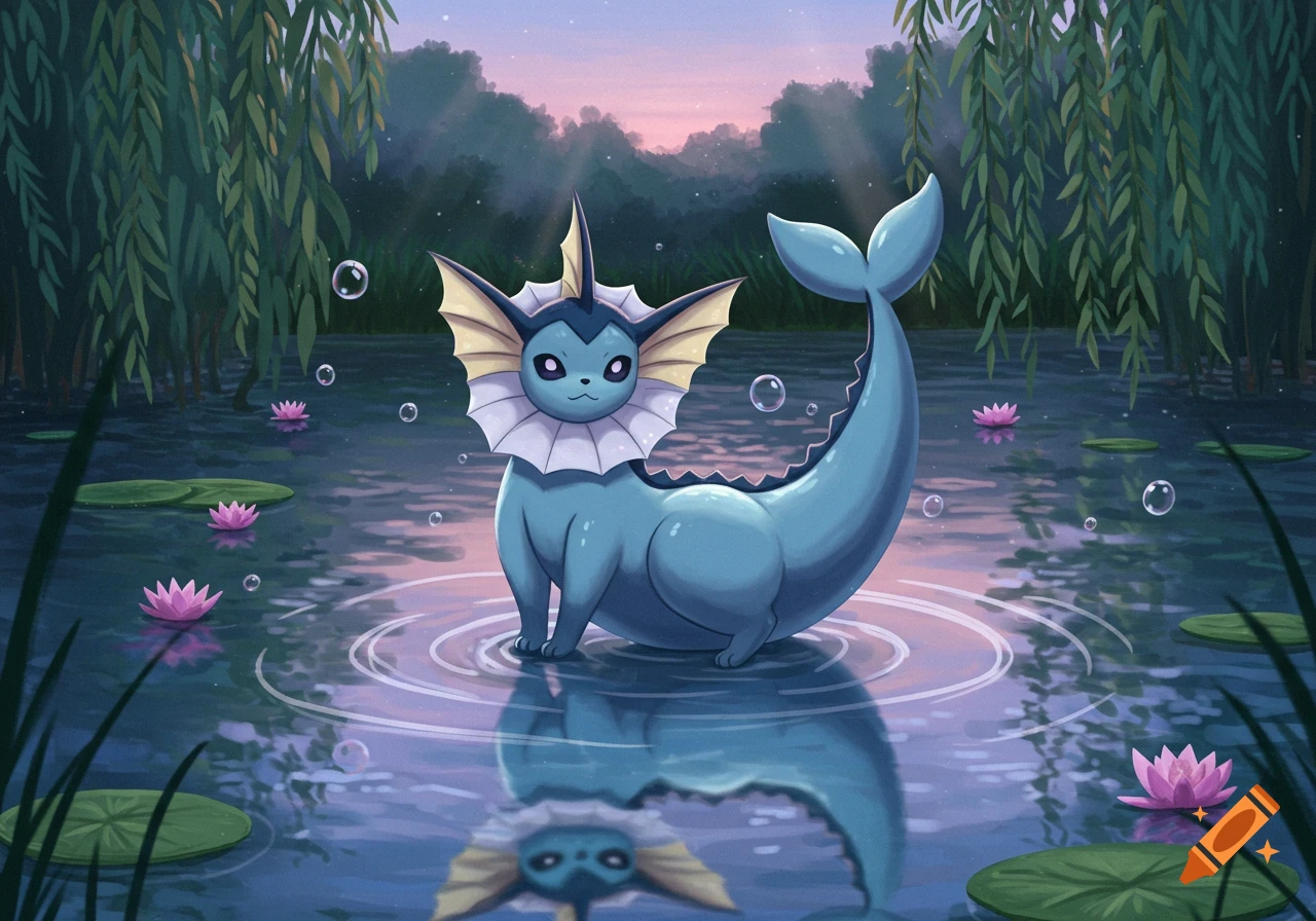 A blue Vaporeon stands in a calm pond with pink lotus flowers and willow trees at sunset, digital illustration.