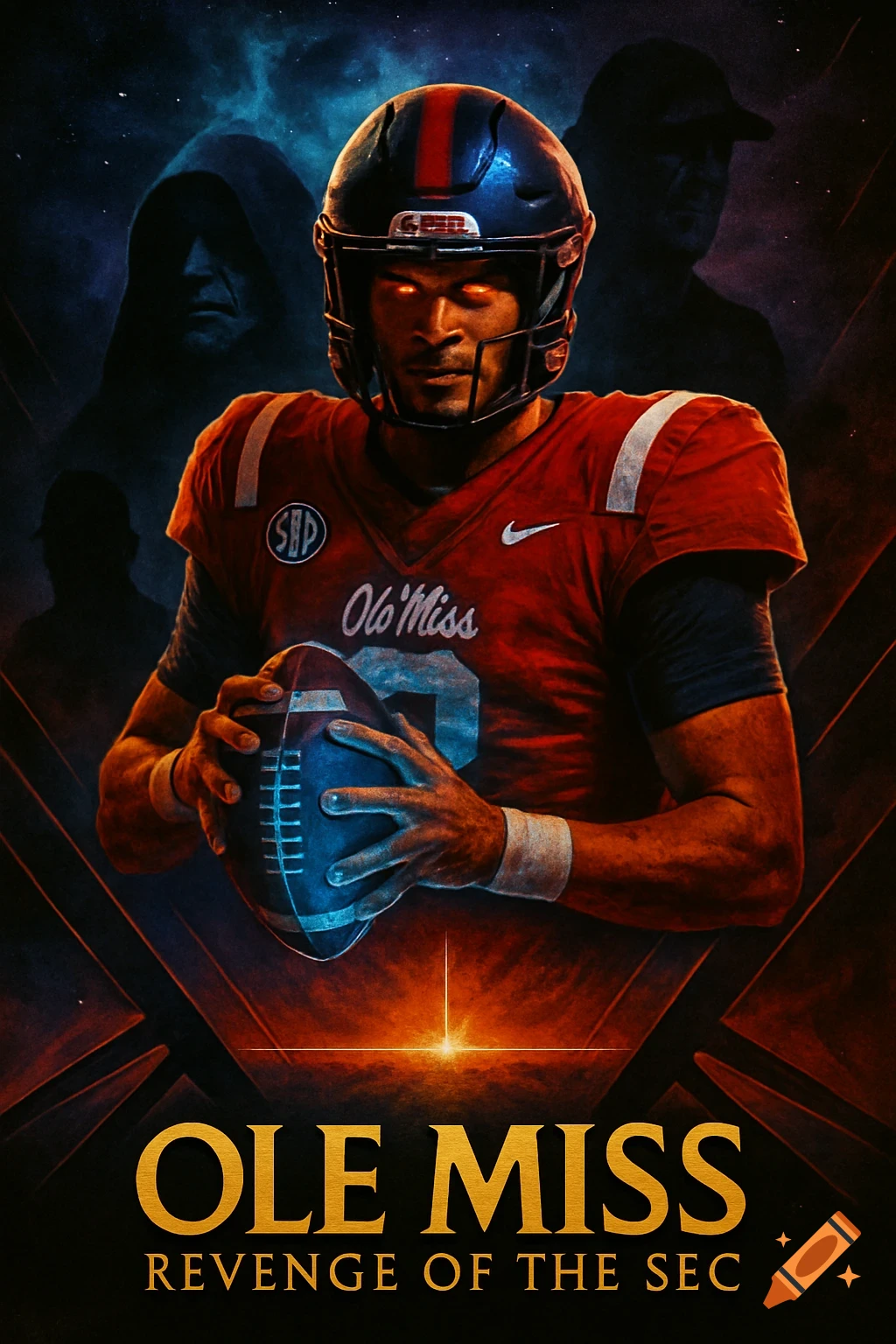 A dramatic Star Wars-themed poster features an Ole Miss football player in uniform with glowing red eyes, holding a football. Two shadowy figures are in the background, and the title "OLE MISS REVENGE OF THE SEC" is at the bottom.
