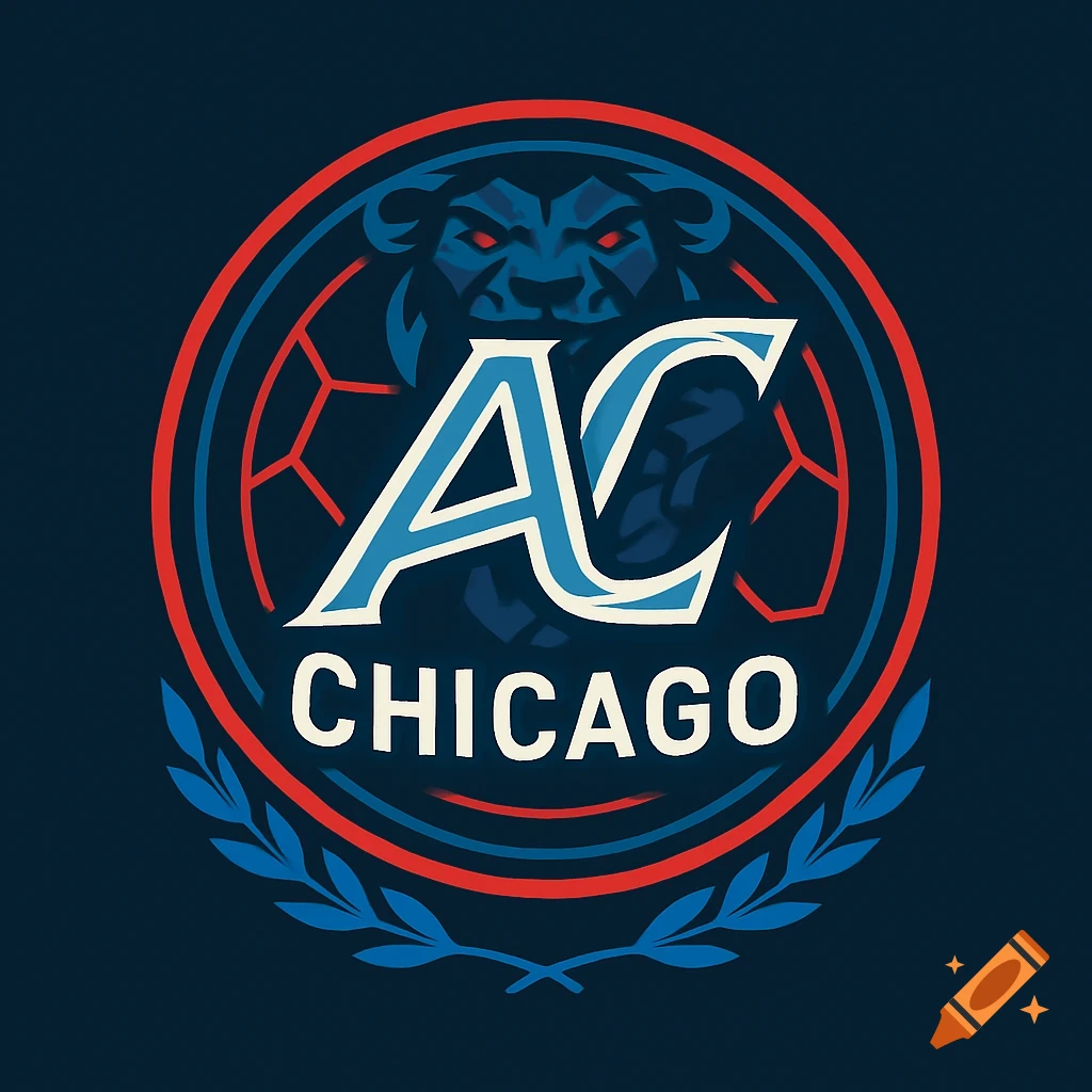 A circular soccer logo with a stylized blue lion's head, the letters 'AC' in light blue and white, and 'CHICAGO' in white, all framed by red and blue rings and a blue laurel wreath on a dark blue background.