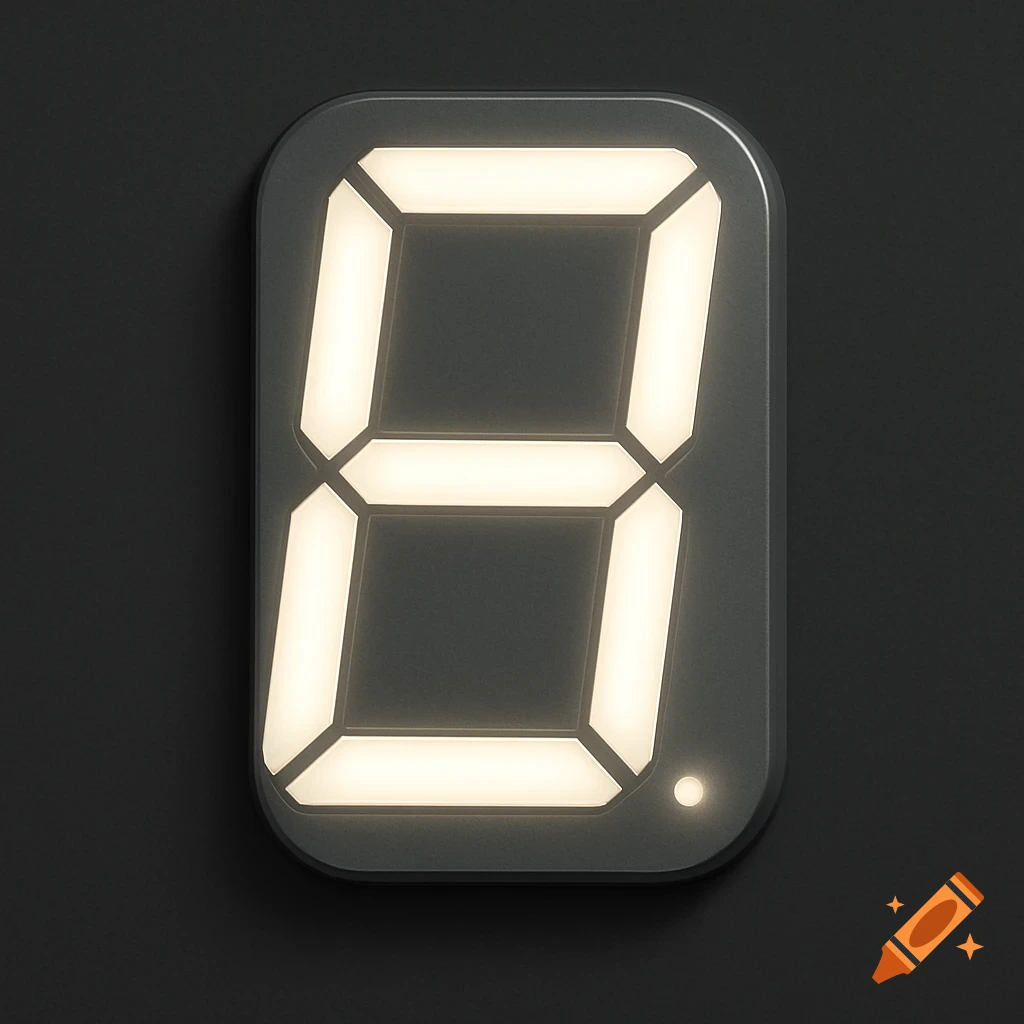 A glowing white number 8 on a dark digital segment display with a small light dot in the bottom right corner.