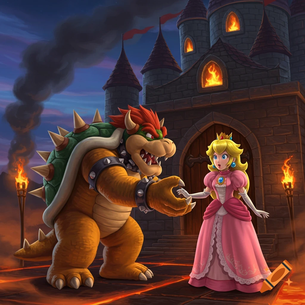 Bowser reaches towards a surprised Princess Peach outside a dark castle with fiery windows and lava-lit ground.