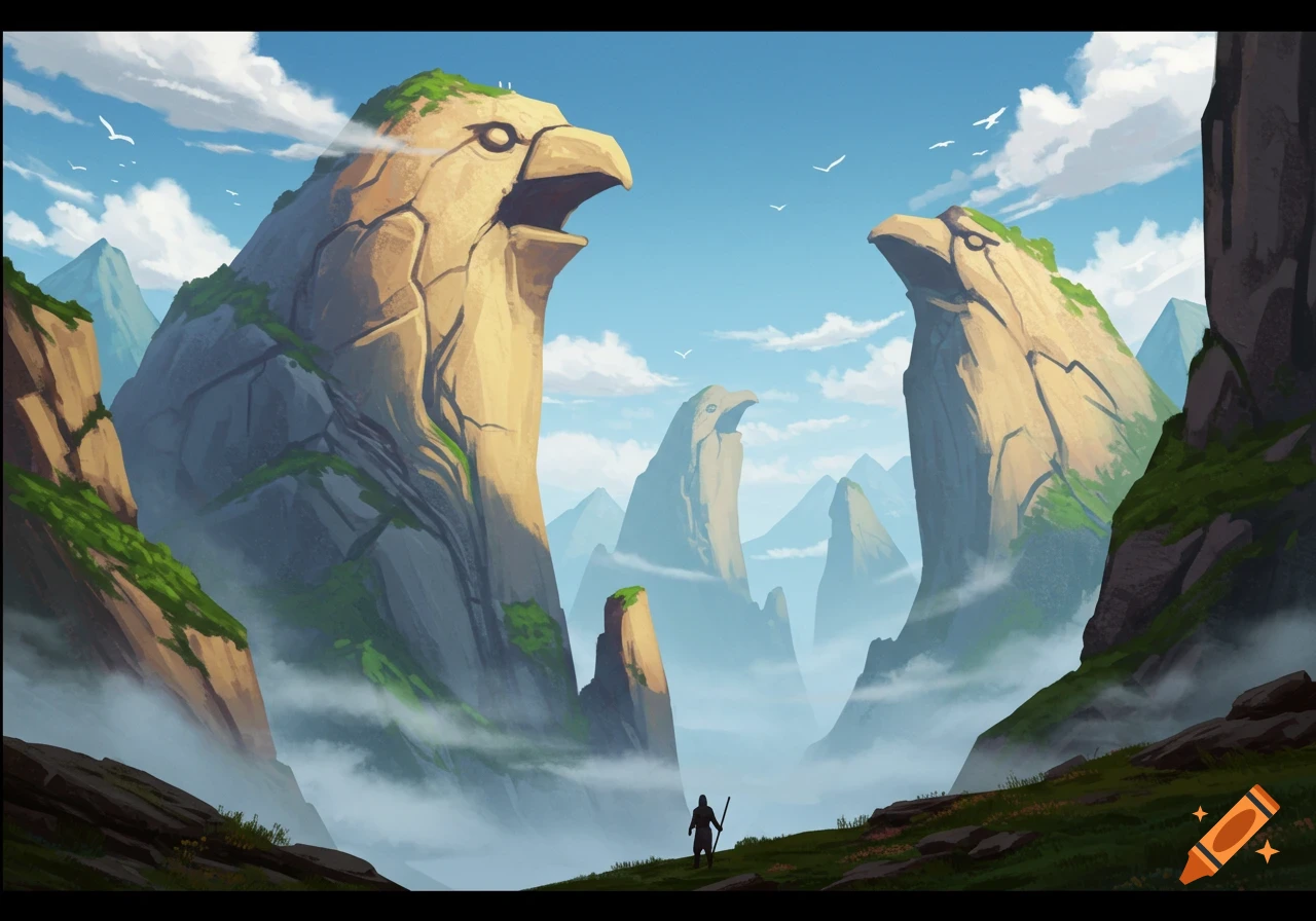 Fantasy illustration of a lone figure in a misty valley surrounded by colossal bird-shaped mountains under a blue sky.