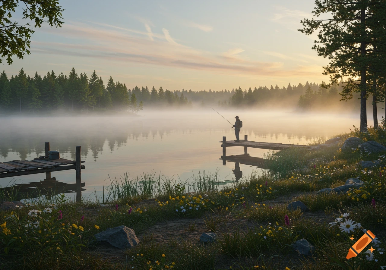 Photorealistic image of a person fishing from a wooden pier on a misty lake at sunrise, surrounded by a pine forest and wildflowers.