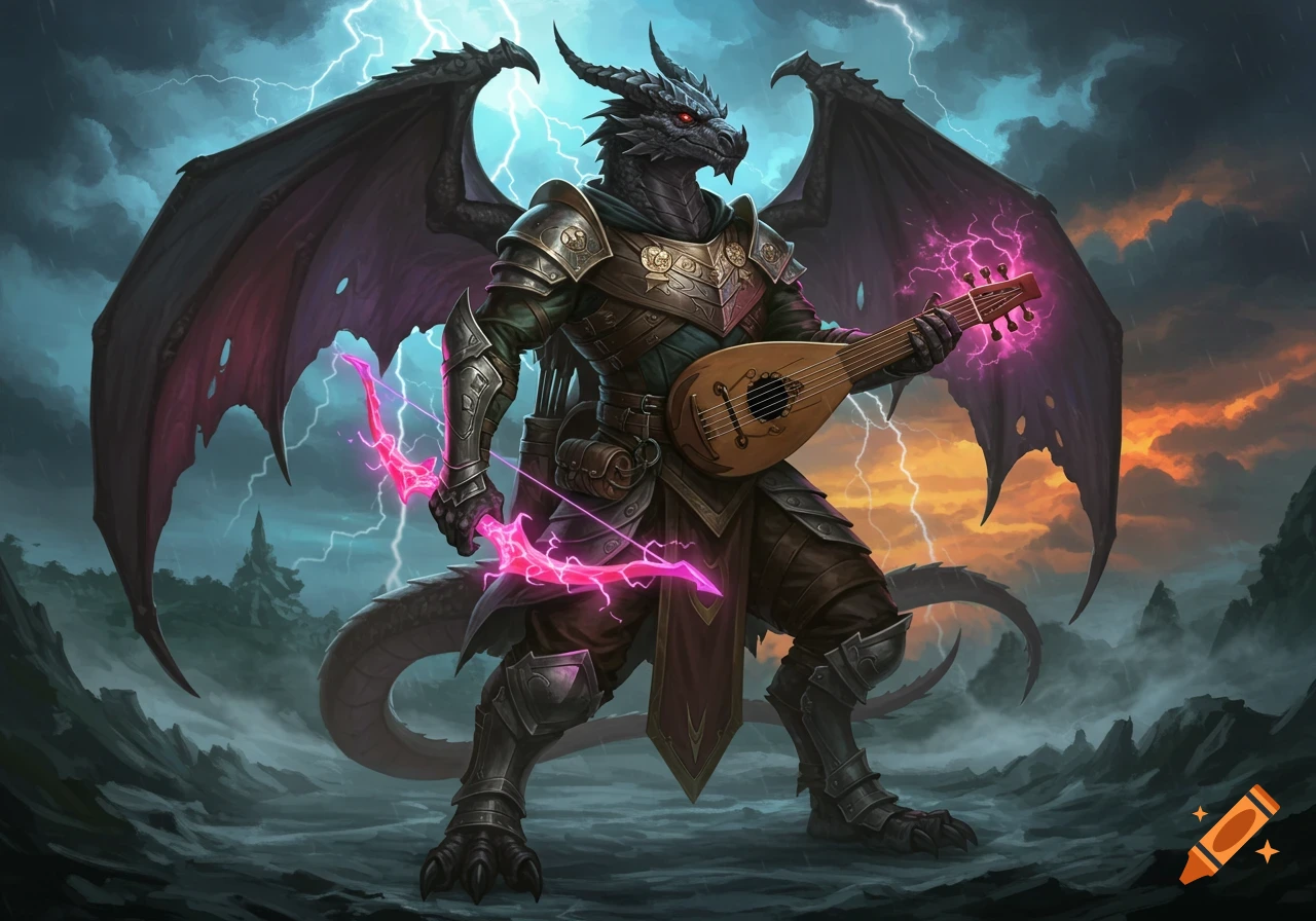 Armored Dragonborn bard with a lute and glowing bow stands in a stormy, lightning-filled landscape, digital fantasy art.