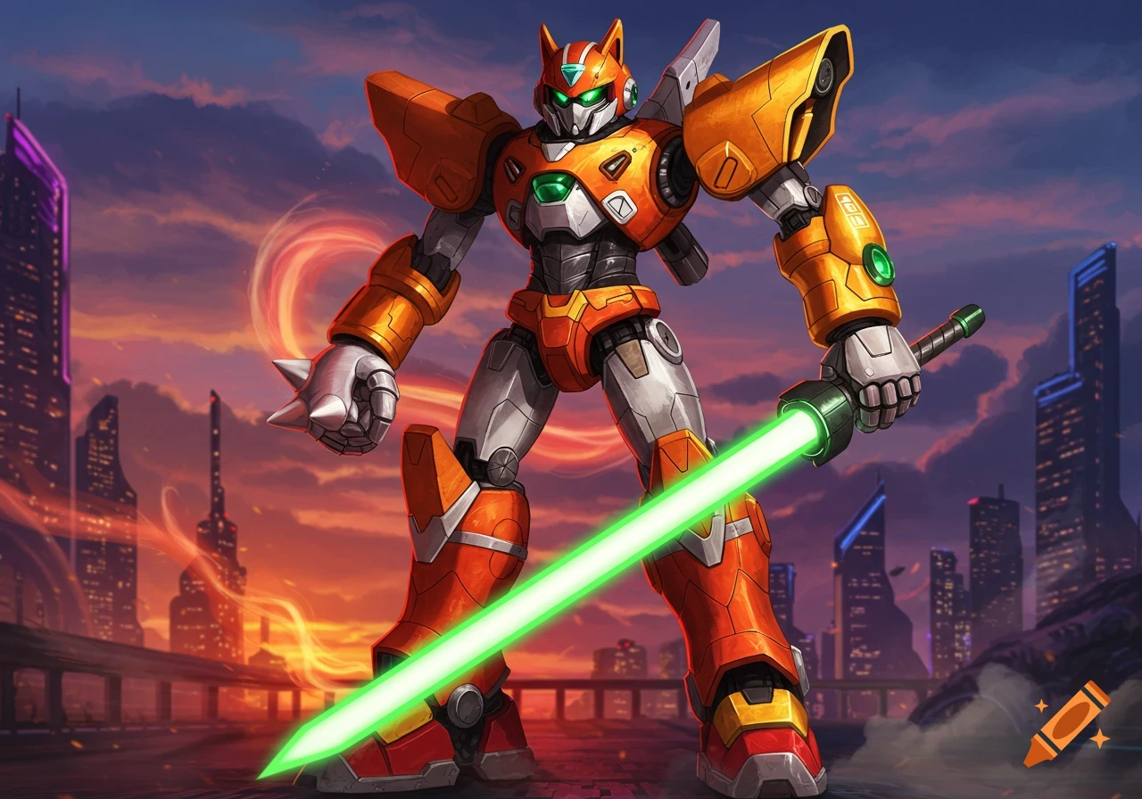 An orange and gray mecha with a cat-eared helmet holds a glowing green sword, standing in a futuristic city at sunset.