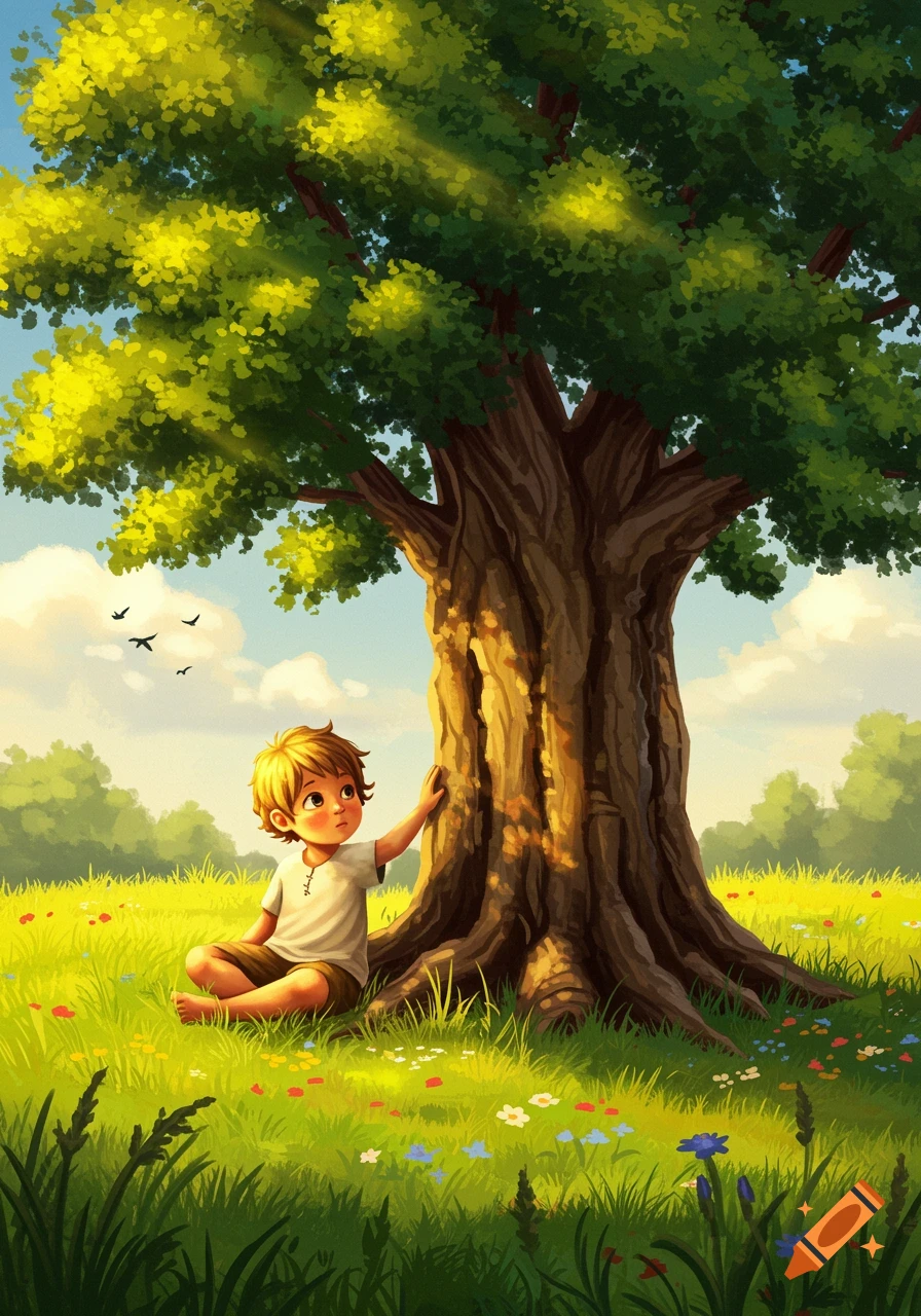 Illustrated young boy sitting next to a large tree in a sunny, green field with wildflowers under a blue sky.