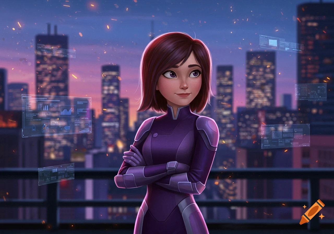 A smiling animated woman in a purple futuristic suit stands on a city rooftop at dusk, with floating holographic screens.
