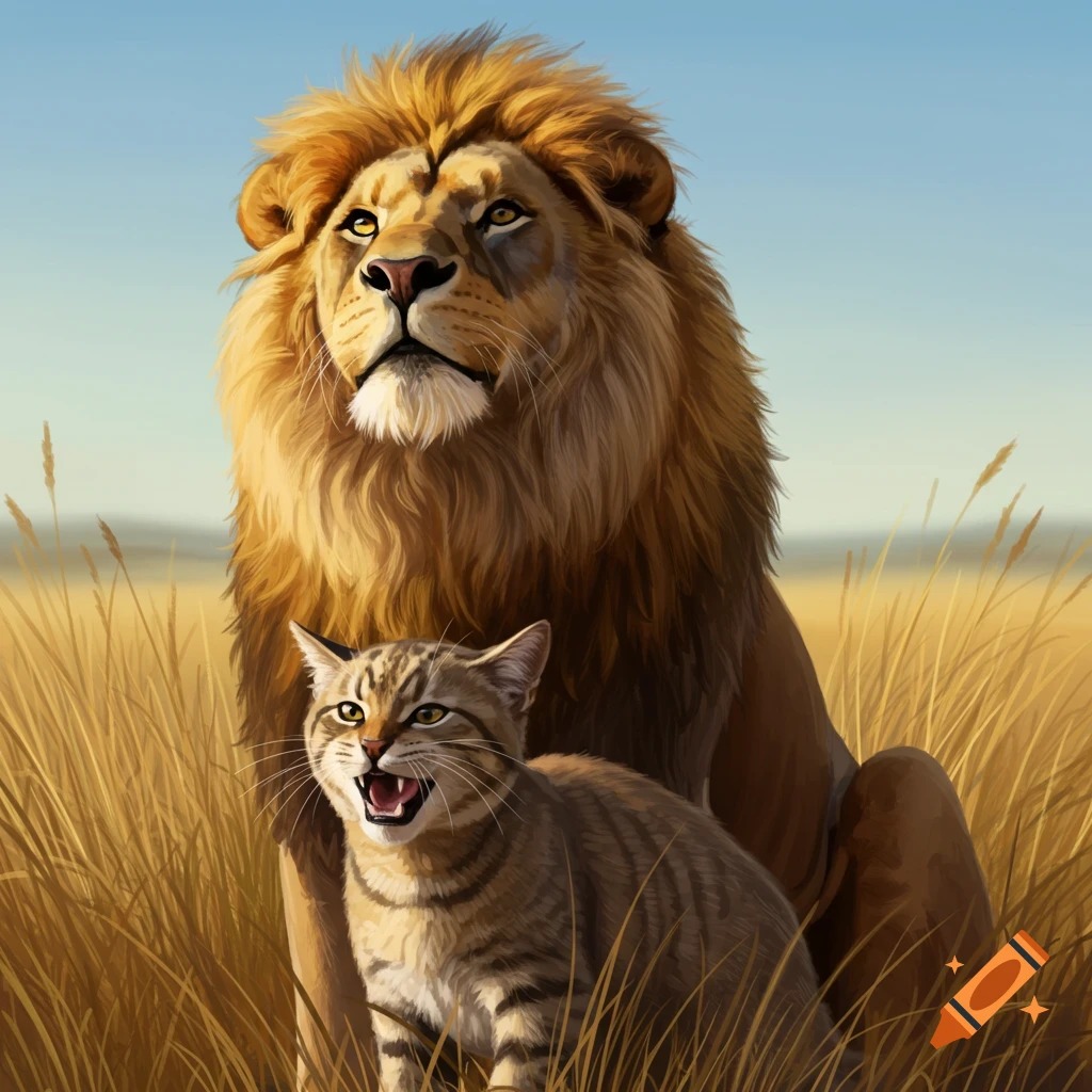 An illustration of a large lion looking up as a small striped cat growls in front, surrounded by tall dry grass under a blue sky.