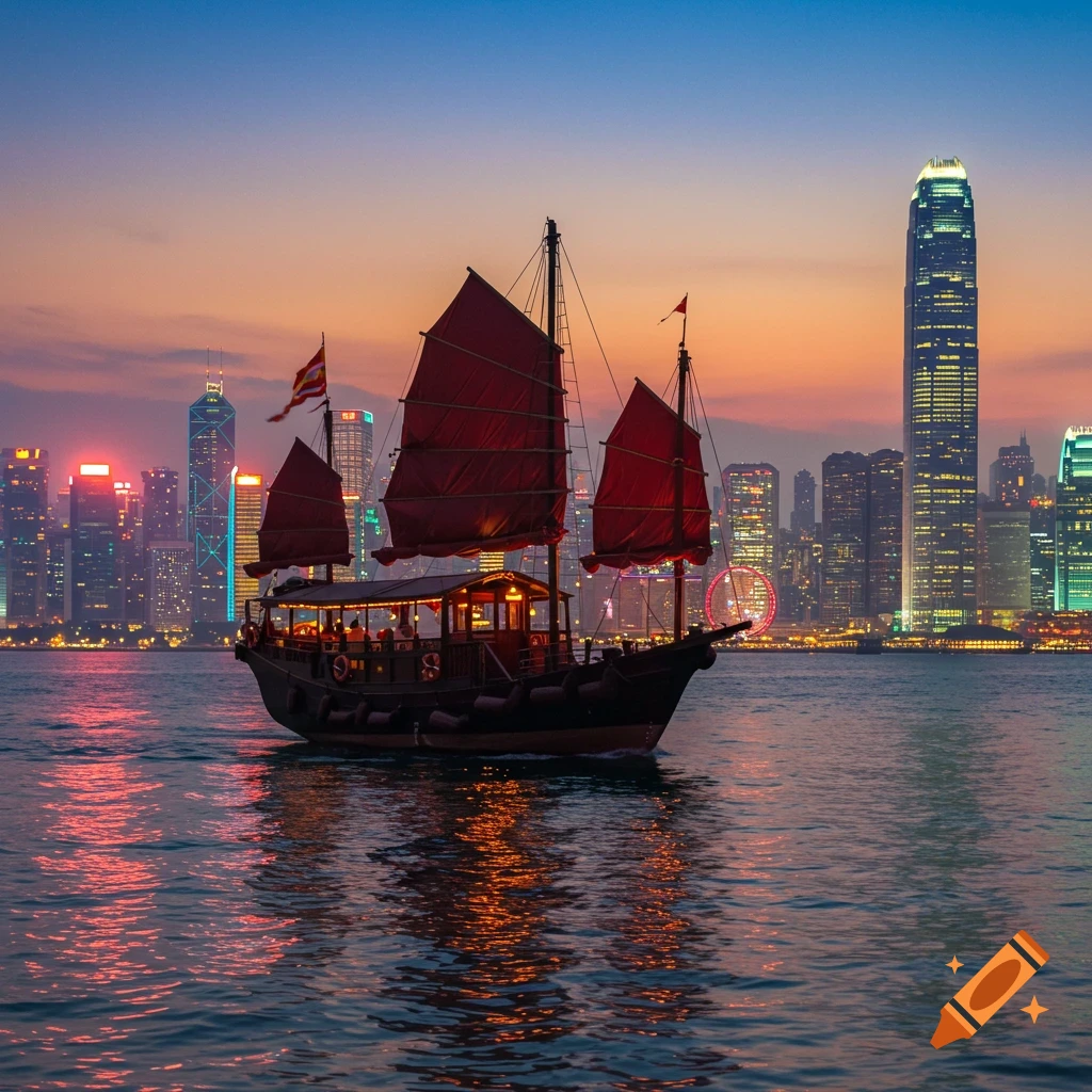 A traditional red-sailed Chinese junk boat floats on water with a modern city skyline at sunset.