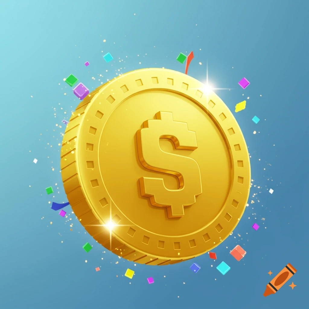 A shiny golden dollar coin surrounded by colorful confetti and glitter, on a light blue background, in a 3D rendered style.