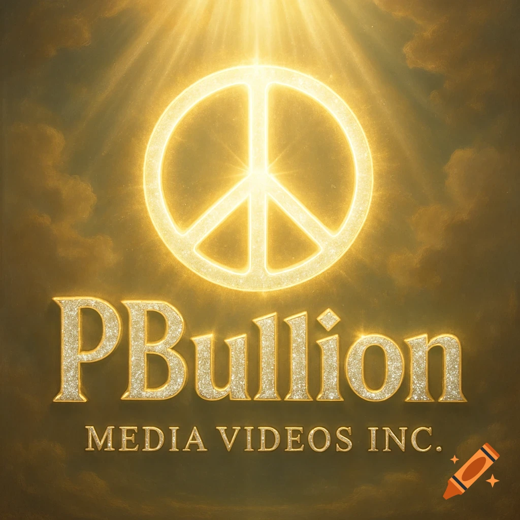 Golden logo with a glowing peace sign under light rays, "PBullion" in sparkling diamond letters, and "MEDIA VIDEOS INC."