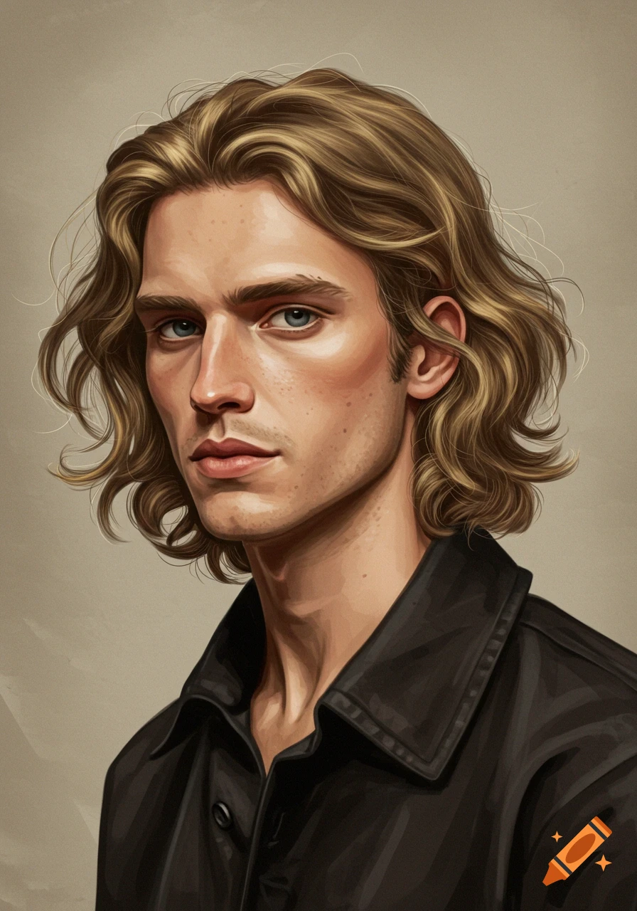 Stylized portrait of a man with long, wavy dirty blonde hair, blue eyes, and a black shirt looking forward.