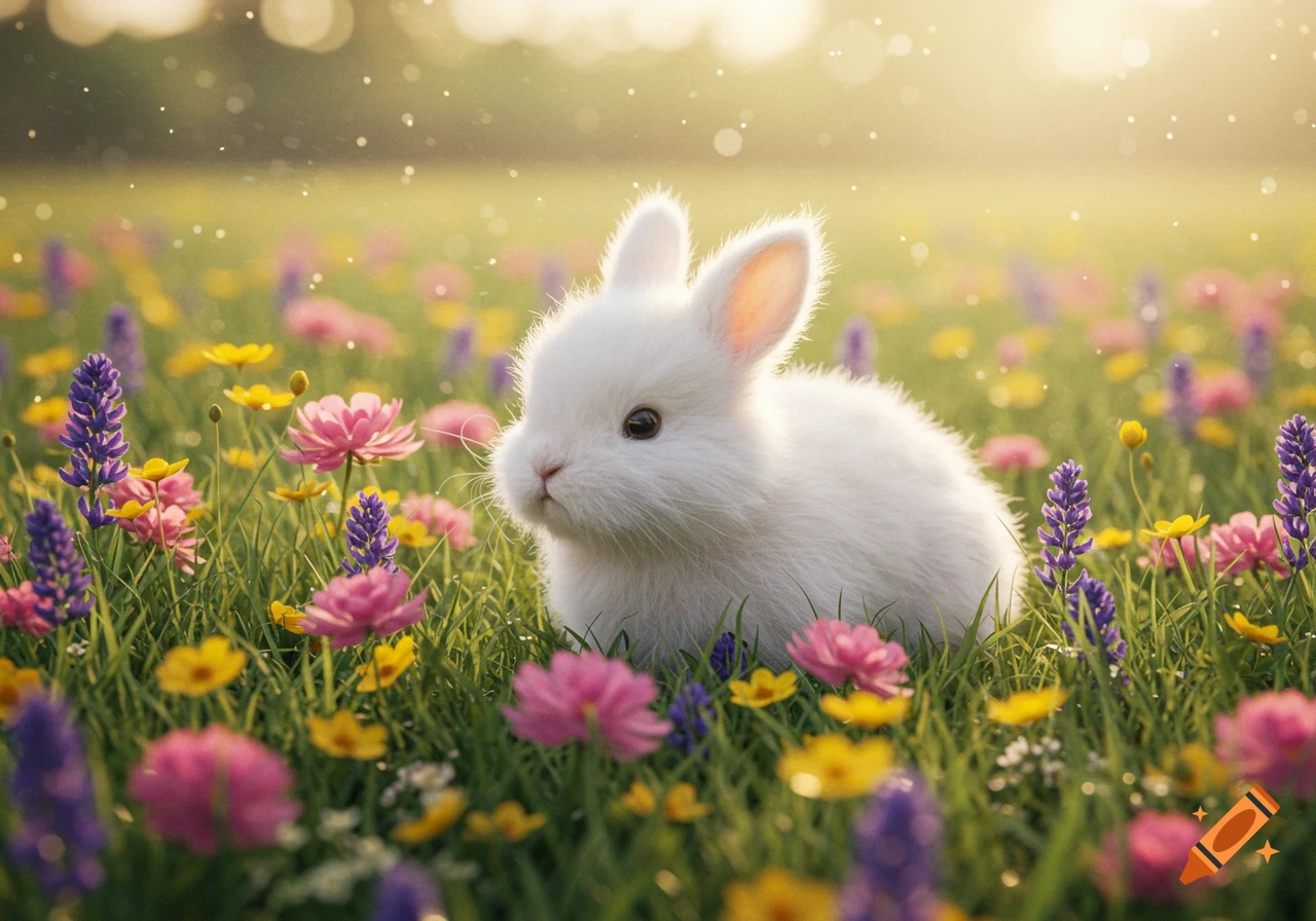 A fluffy white bunny in a sunny meadow among pink, purple, and yellow wildflowers, photorealistic.