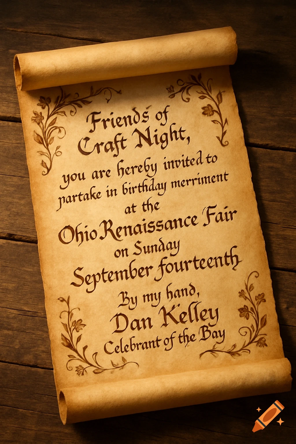 A calligraphed invitation on a rolled parchment scroll, resting on a wooden table.