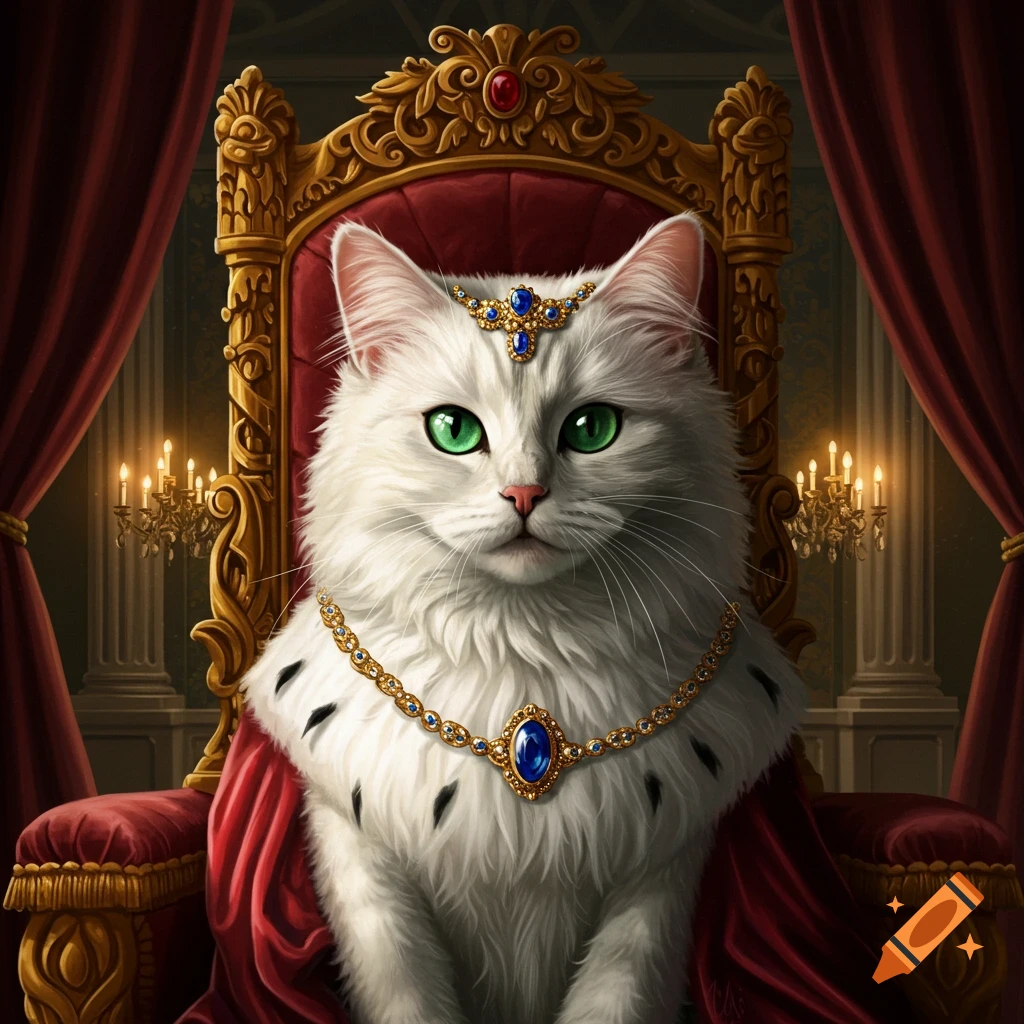 A majestic white fluffy cat with vibrant green eyes sits regally on an ornate golden throne, wearing a jeweled crown and a royal robe.
