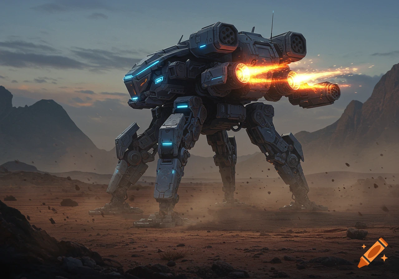 A powerful four-legged mech fires bright orange energy from its weapons, standing on a rocky desert at dusk. Photorealistic sci-fi.