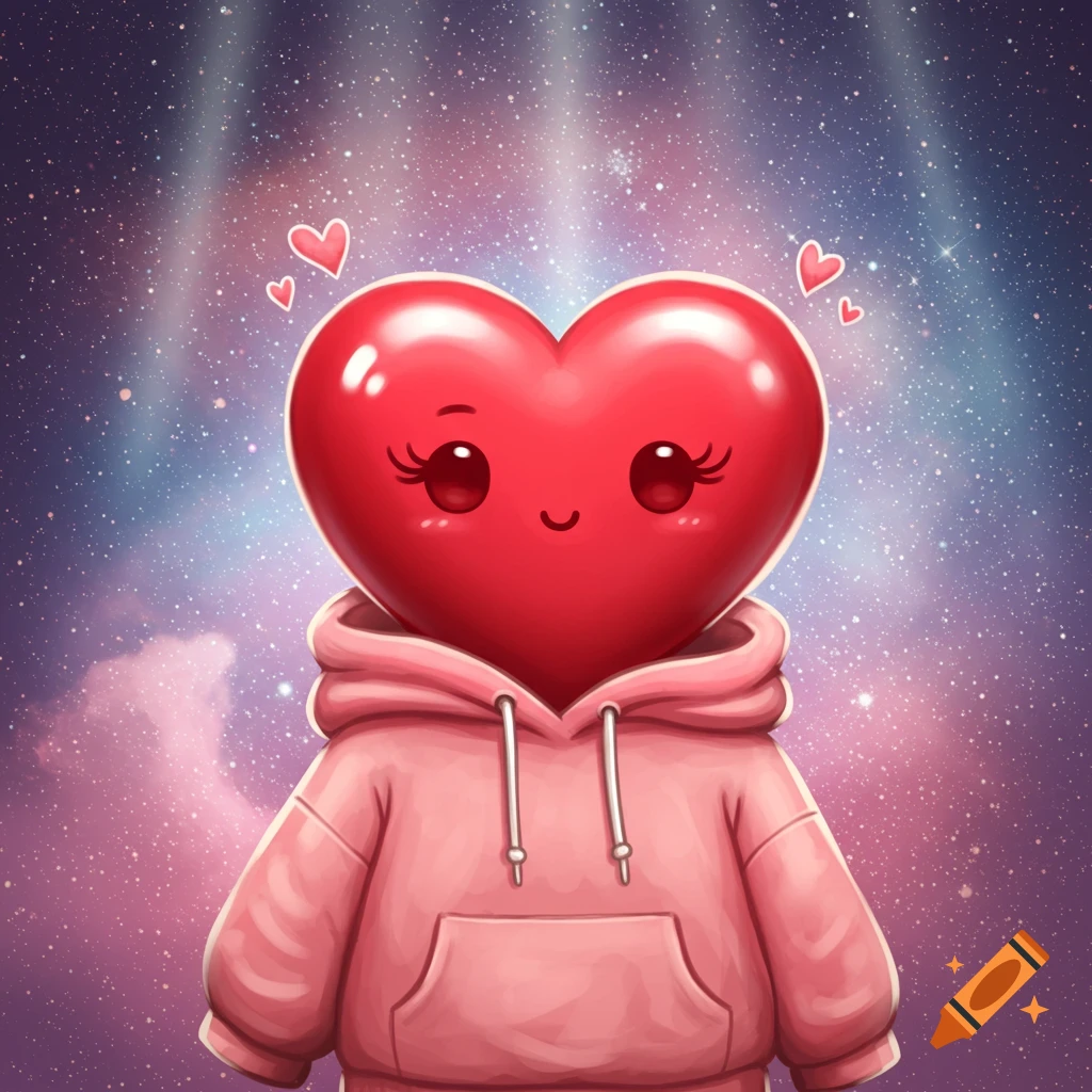Cute cartoon red heart character with eyelashes and a smile, wearing a pink hoodie against a starry galaxy background.