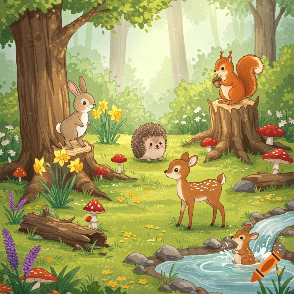 A cheerful children's illustration of forest animals: a bunny, hedgehog, deer, squirrel, and a fawn playing in a stream in a sunlit forest.