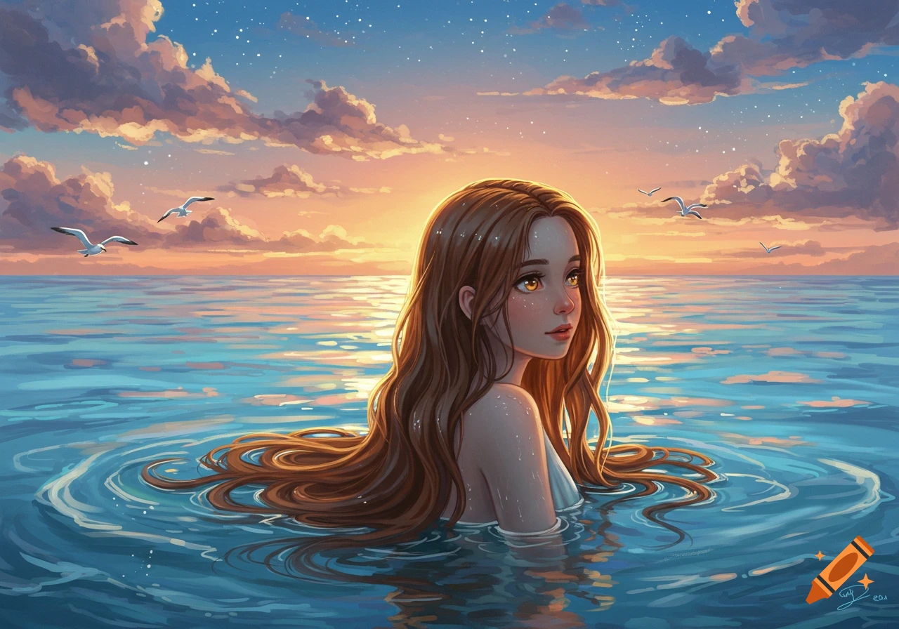 Anime girl with long brown hair in the ocean at sunset with seagulls flying above, stylized art.