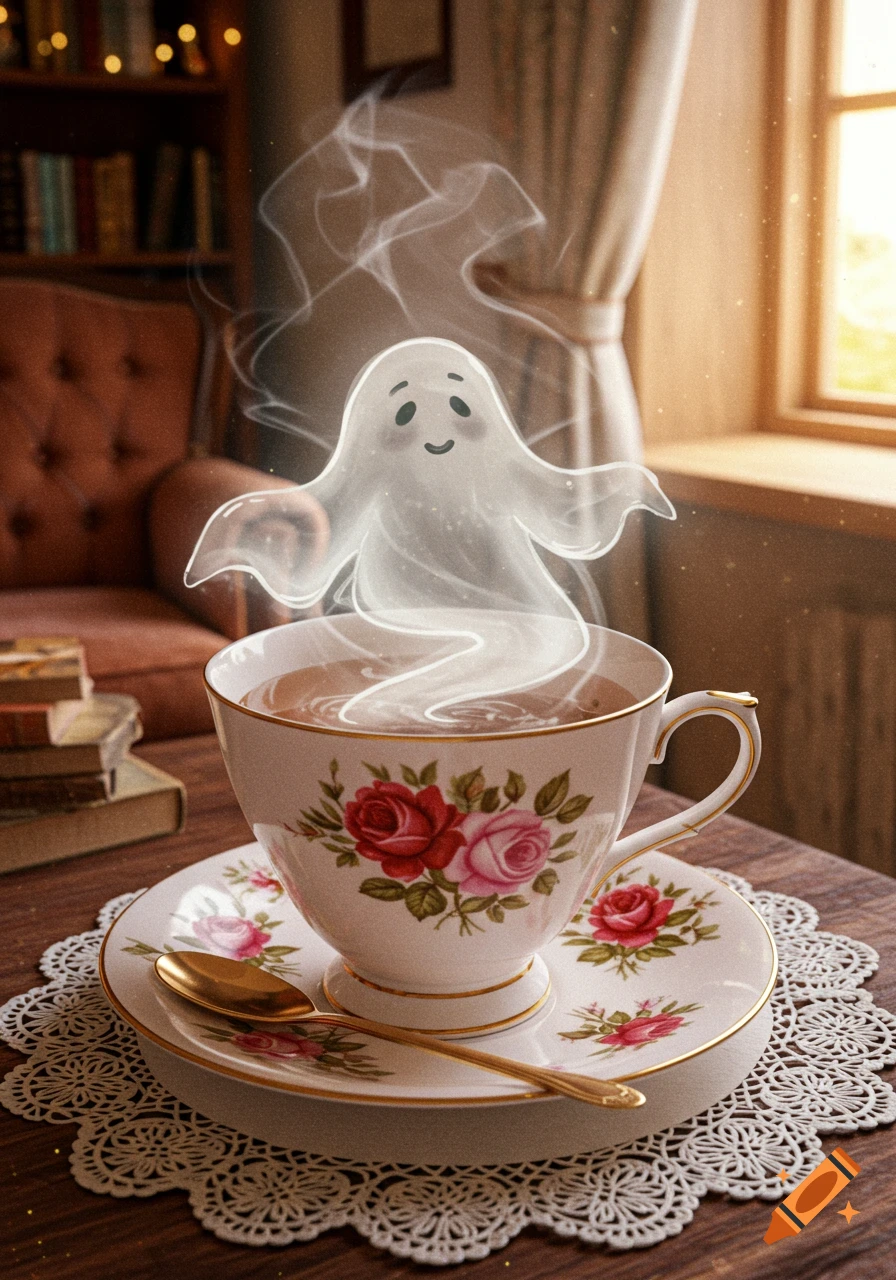 A charming, translucent white ghost with a smile emerging from a floral china teacup on a table in a cozy room.