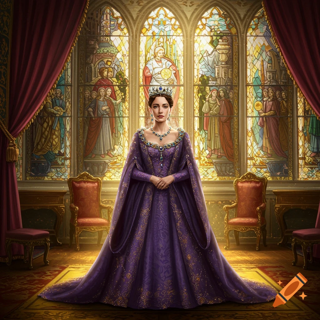 A regal queen in a long, ornate purple gown, crown, and jewels stands in a grand hall before illuminated stained-glass windows.