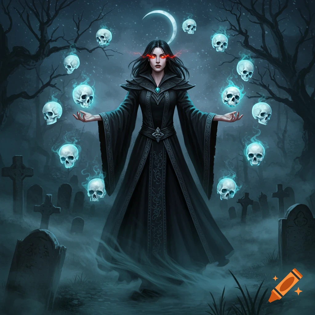 A dark fantasy illustration of a necromancer witch in a graveyard, surrounded by glowing blue skulls under a crescent moon.