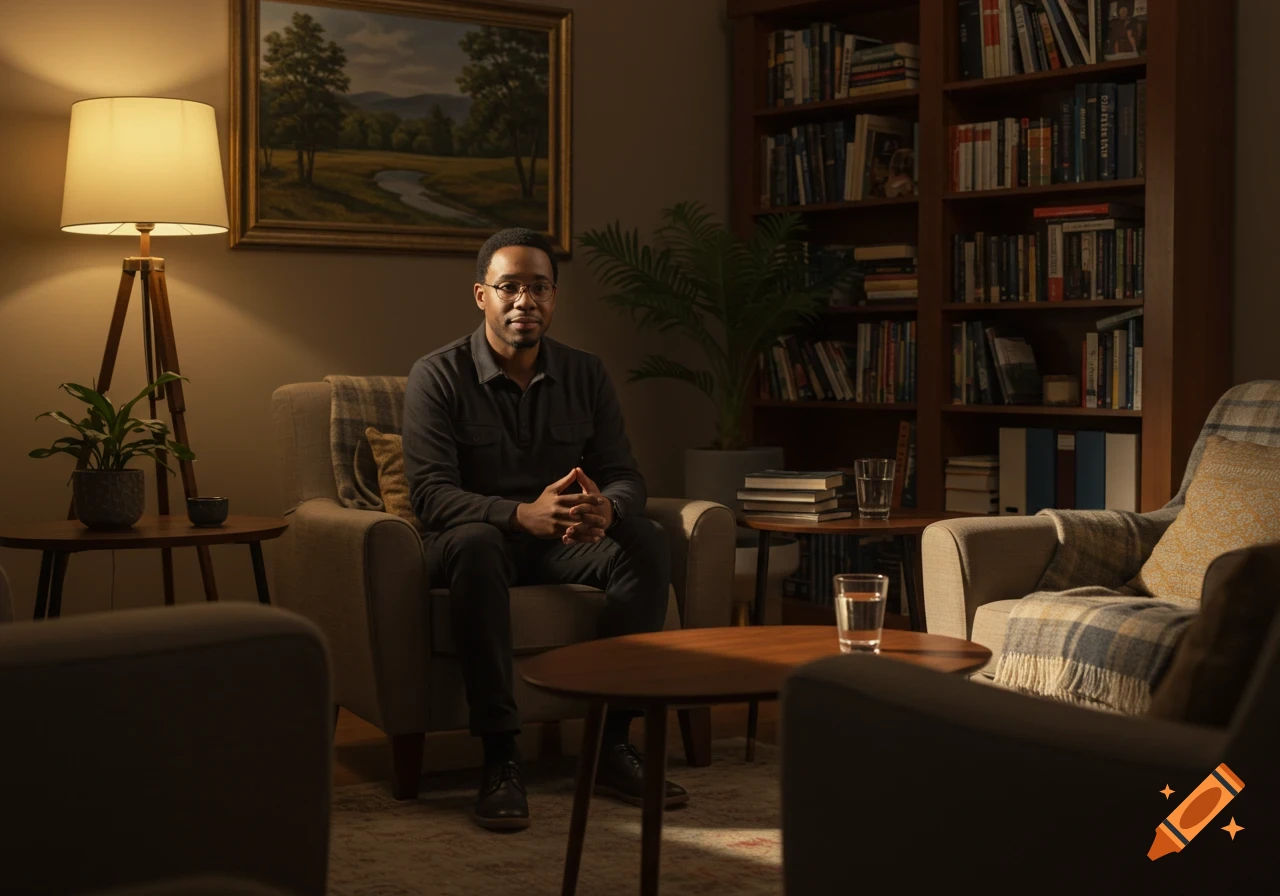 A man in glasses sits in a comfortable armchair in a warm, dimly lit room with bookshelves and lamps.