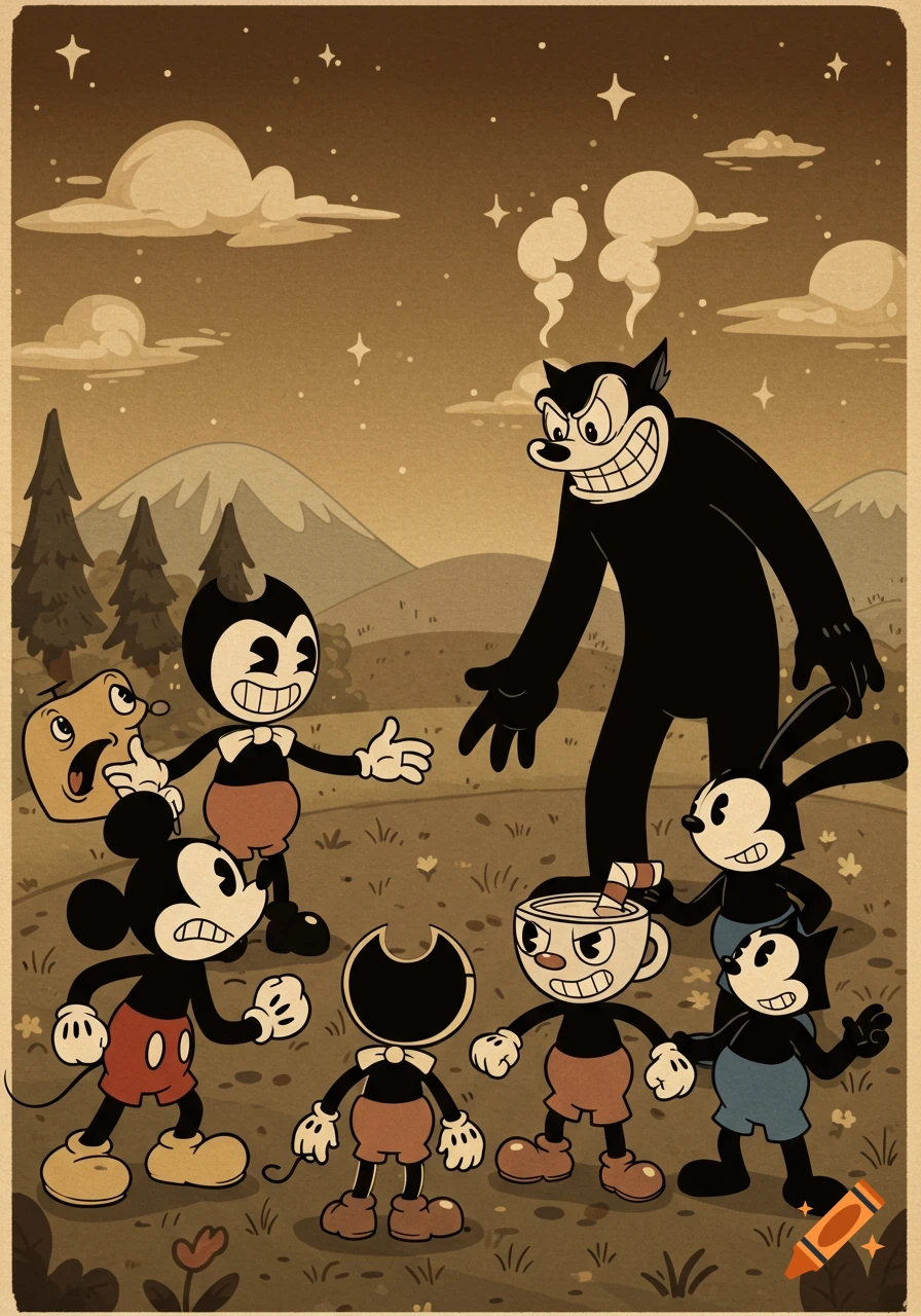 Vintage cartoon characters Mickey, Bendy, Cuphead, Oswald, and Felix face off against a large black wolf-like figure in a sepia-toned landscape.