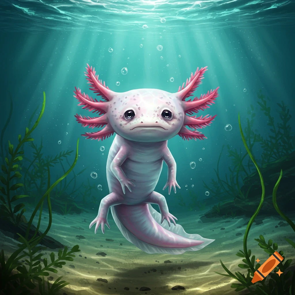 A cute, sad axolotl with pink gills floats in clear blue-green water, illuminated by sunlight, with green plants on the sandy seabed.