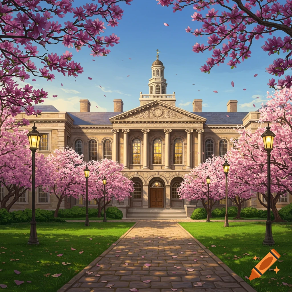 A grand, classical-style building with a clock tower, surrounded by vibrant pink cherry blossom trees and a green lawn under a clear blue sky.