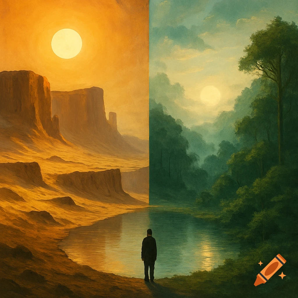 Conceptual painting of a lone figure by a river, splitting a golden desert and lush forest under sunlit skies.